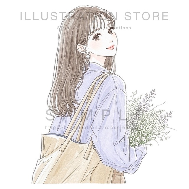 振り返る女性と花のイラスト素材