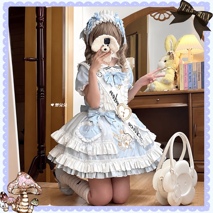 ロリータファッション ゆめかわいい 青・桃・青黒 アリス風ミニ