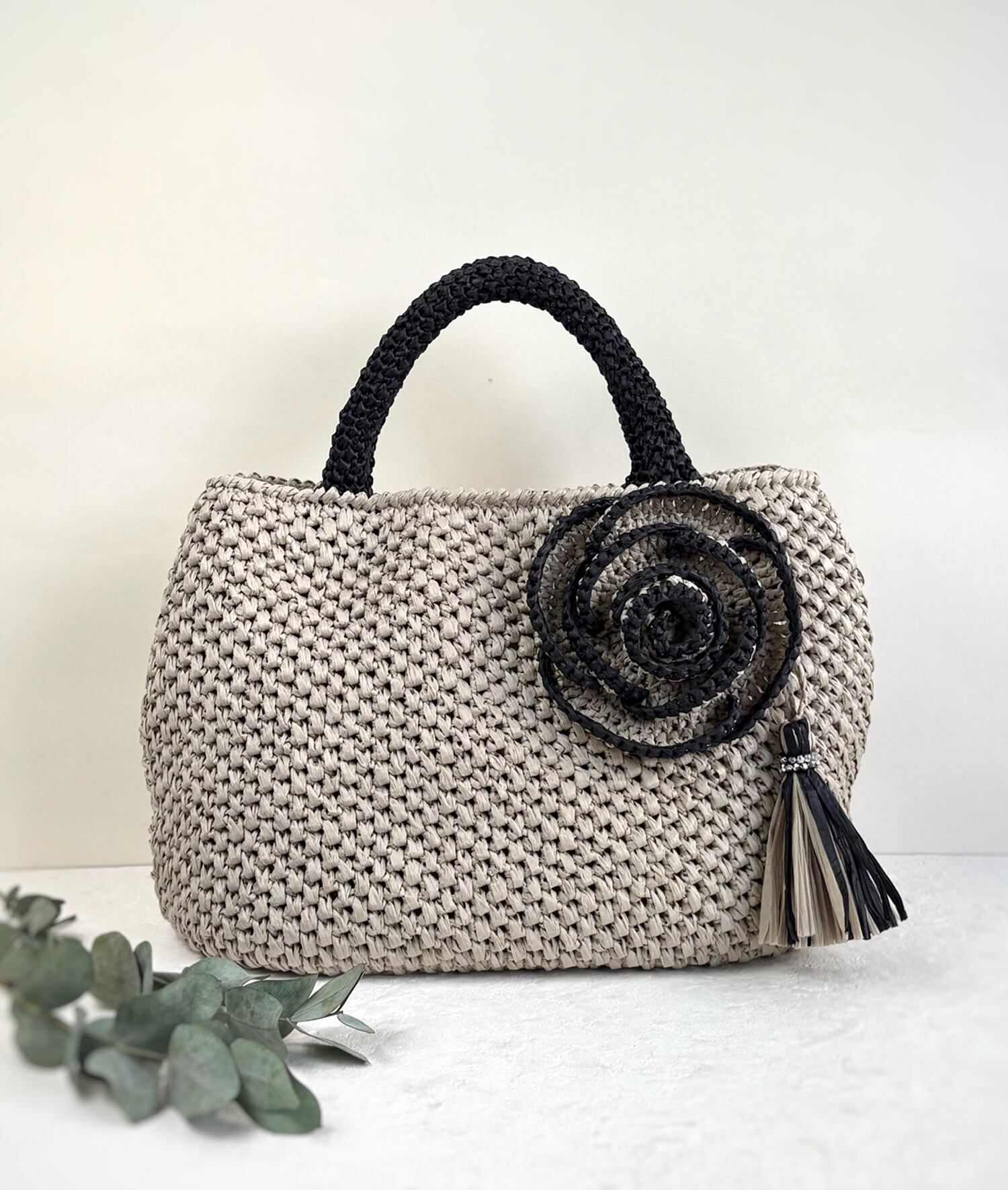 ビッグローズとフリンジ付き夏トートバッグ