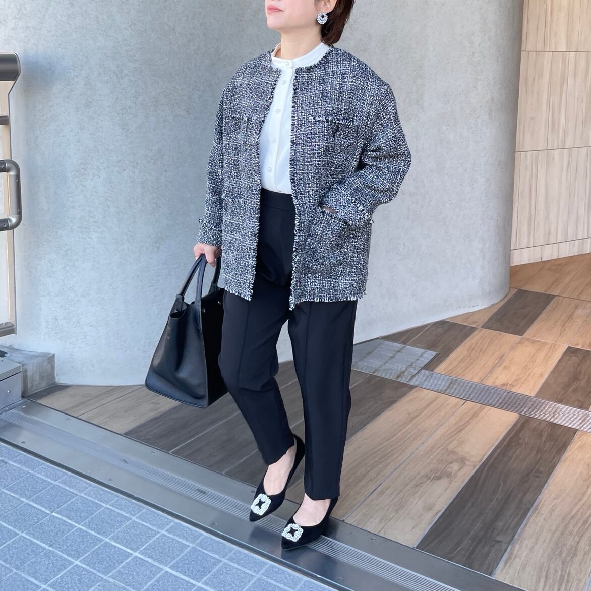 小柄S□ゆったり着痩せ♡普段～お式♡ノーカラーツイードジャケット