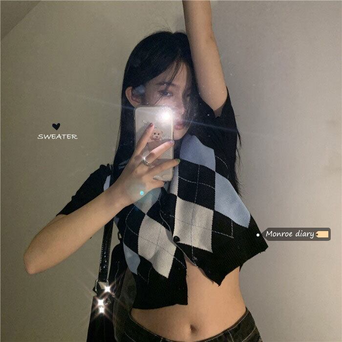 スタンダード格子柄セーター レディースルーズショートカーディガンジャケット サマー レトロ 夏物 モンロー22128833966