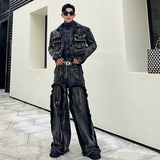 予約販売】メンズ セットアップ 上下 長袖 ストライプ柄 ダークグレー