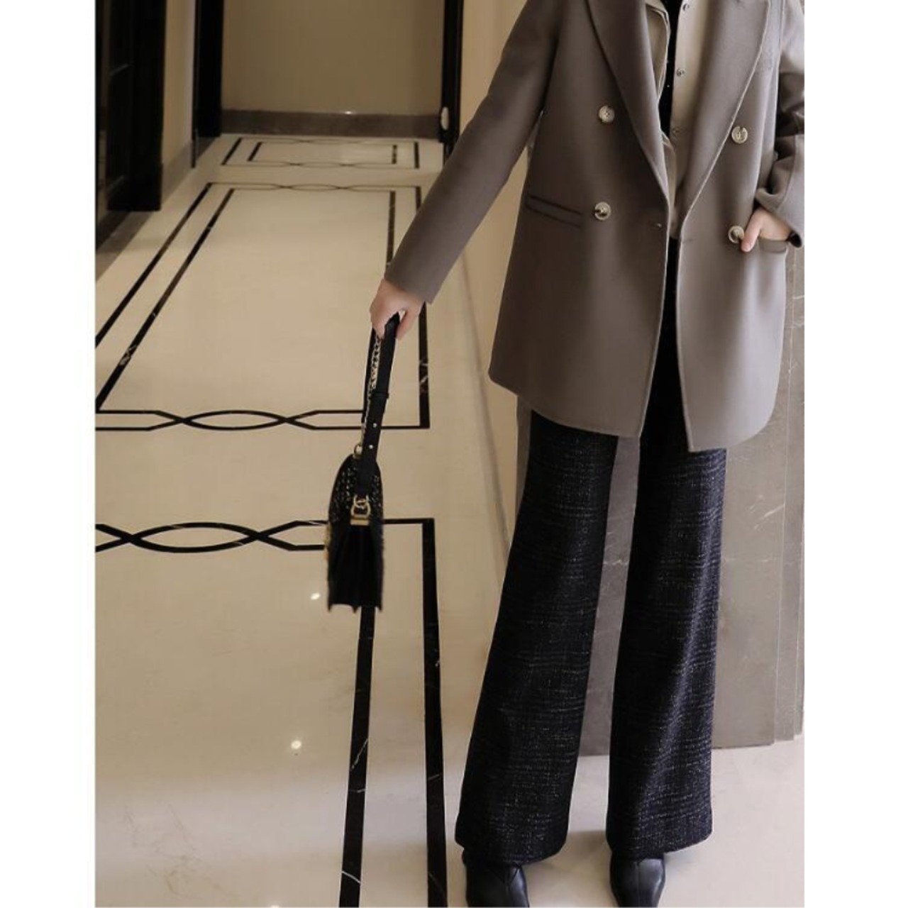 レトロチェック ウール混ワイドレッグパンツ W01372