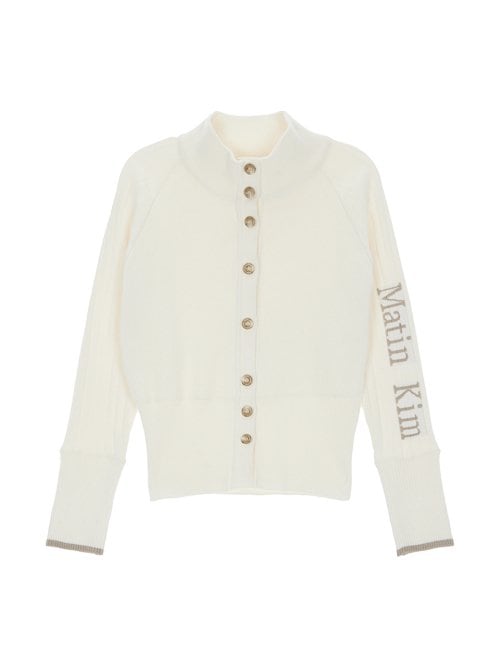 Matin Kim マーティンキム カーディガン　ホワイト MATIN KIM] HIGH NECK SLEEVE LOGO KNIT CARDIGAN IN IVORY | もごつ