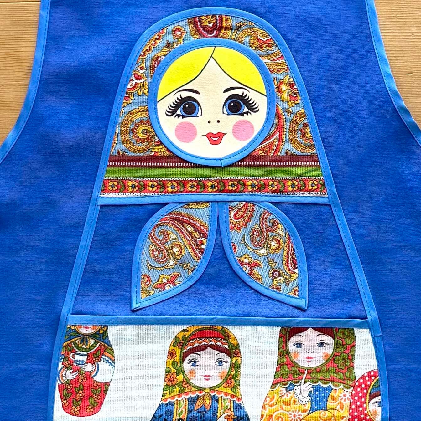 マトエプロン(青 / マトリョーシカ柄)
