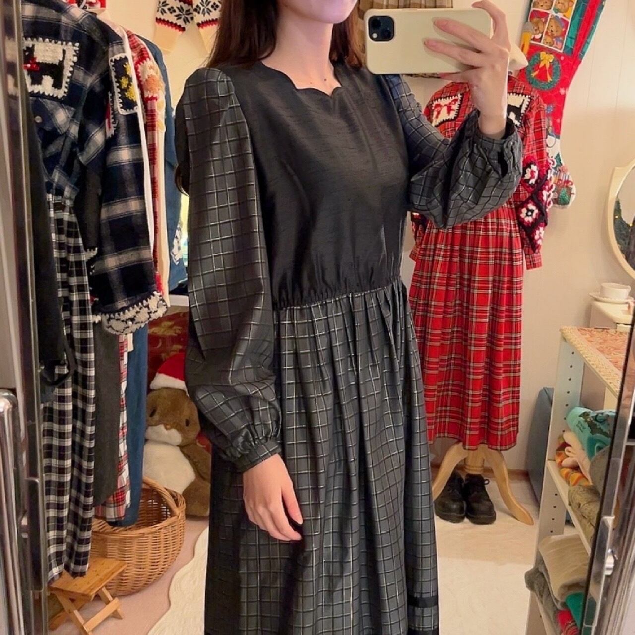 scallop gray lame check one-piece