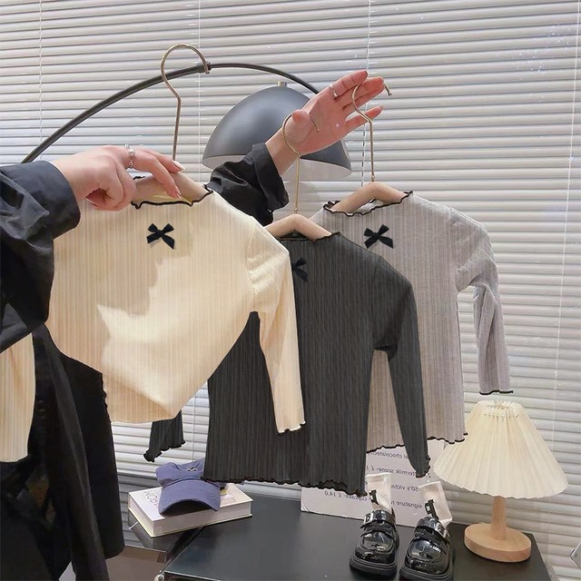 [90-140cm]バイカラー リボン付きトップス