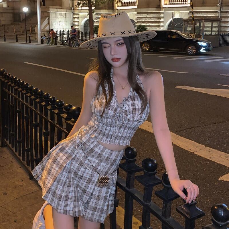 ブラックスタンダード格子柄ショートスカート セット ホルターウェストプリーツ レトロ ブラックストロベリース47117507360