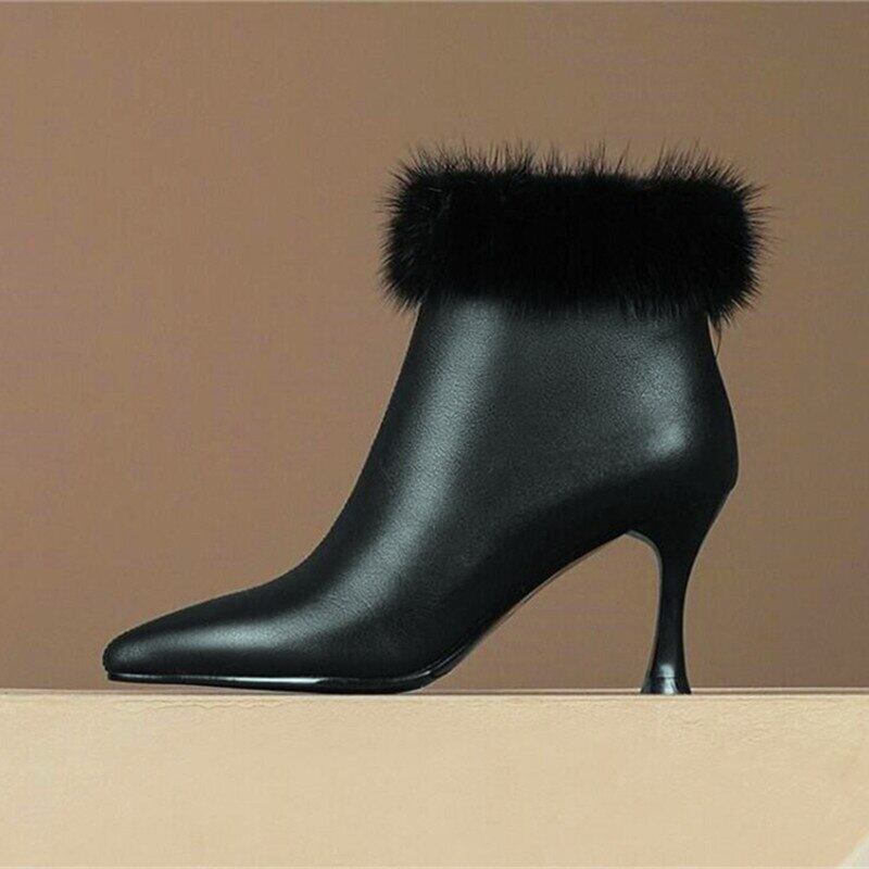 【新作】【送料無料】 冬の女性のハイヒールのブーツ毛皮ワンピースショートブーツスティレットローヒールブーツブラックパープルベージュファッションハイヒールのブーツ 靴 シューズ ウィンター 冬物 10b385832703925