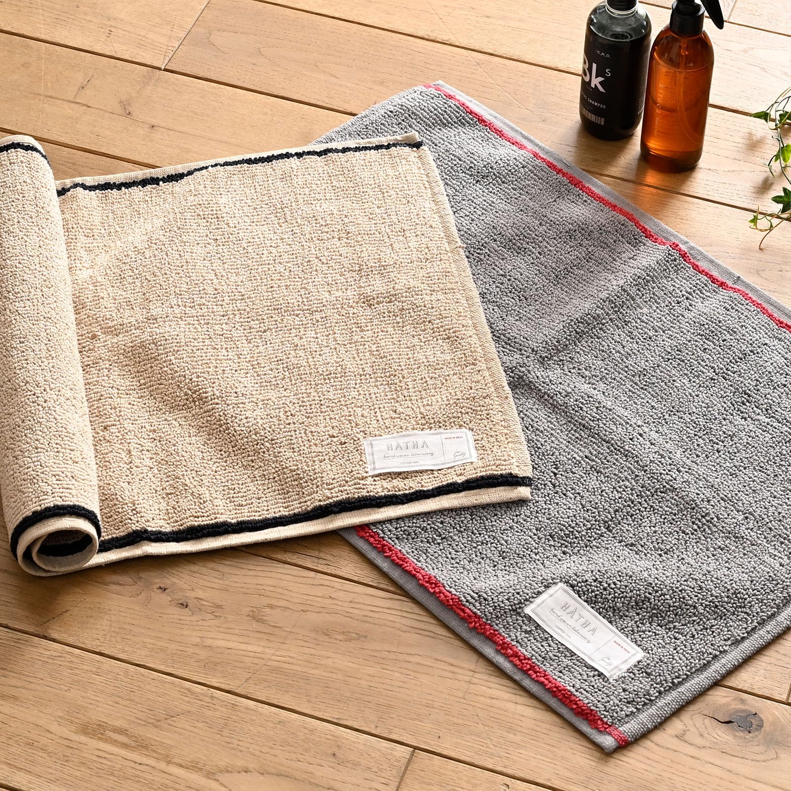 【人気】バスマット タオル地 セット 厚手 2枚組 洗える 40×60cm インドの熟練職人による手織り 丈夫 綿100% (HATHA ミルト/ベージュ・グレー) 足拭きマット 519554-SET