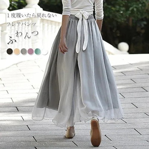 24新作 ガウチョパンツ ワイドパンツ 無地 レディース フレアパンツ ガウチョ スカンツ スカーチョ ロングパンツ ズボン パンツ ロング丈 ロング シフォンパンツ ウエストゴム 大きい