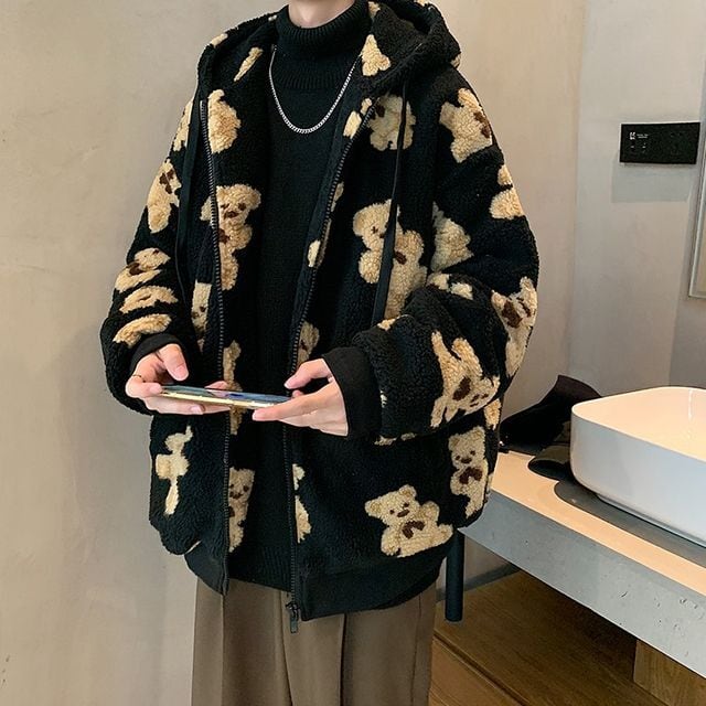 【予約販売】ボアジャケット モコモコ アウター 防寒 ベア柄 クマ ブルゾン メンズ ユニセックス フード付き ブラウン ブラック 防寒 お洒落 こなれ感 ベーシック 秋冬 大きいサイズ M/L/XL/2XL