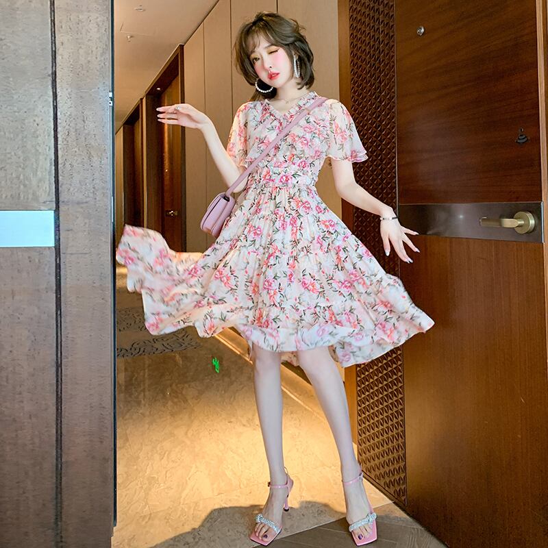 Vネックウェスト薄手プリントドレス サマー 夏物 ステッチ MIUCO60450116938