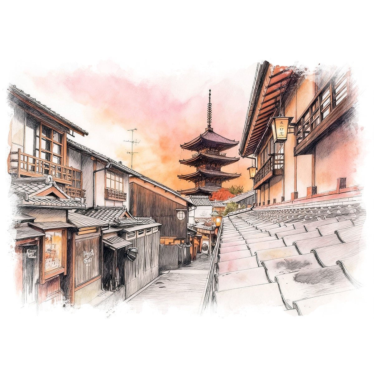 絵画 風景画(街並み) 日本 京都府 八坂の塔 インテリアアート額付き