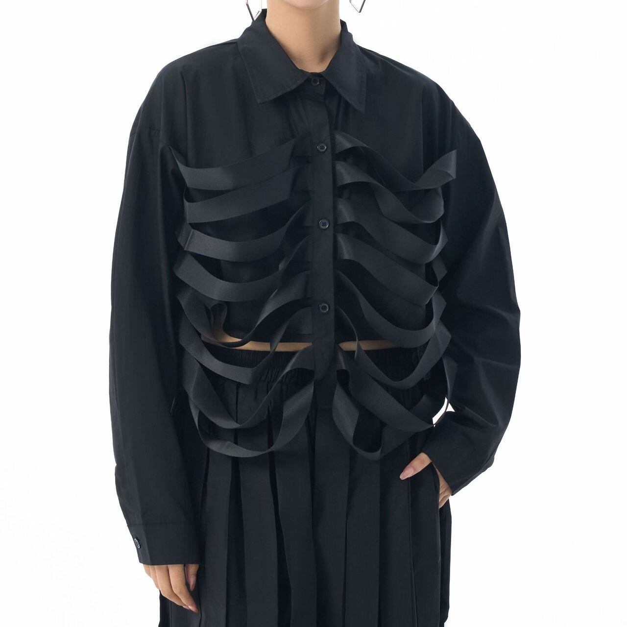 BLACK RIBBON LINES TRIMMED LONG SLEEVES DESIGN SHIRT 1color M-15275