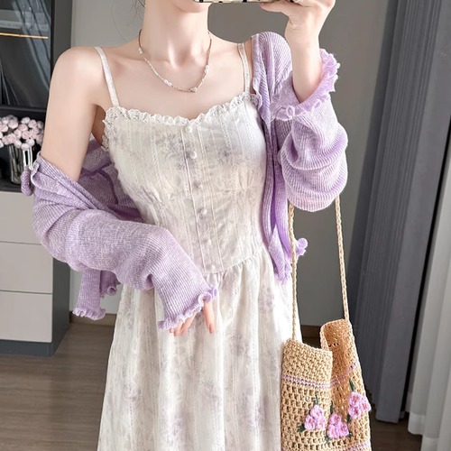 【2点セット】3色／花柄レースキャミワンピ＋メロウリブカーデ ・68229