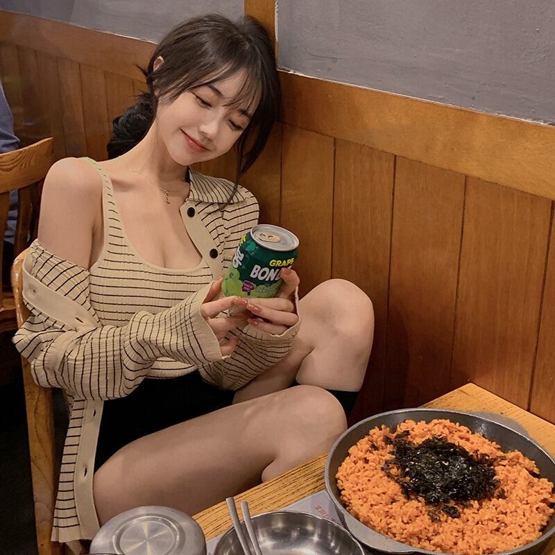 スタンダードストライプニットカーディガンジャケット サマー薄手ルーズトップス ロング レトロ 夏物 ブラックストロベリース13354274419