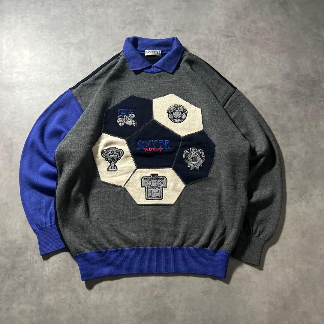 ヴィンテージ サッカー 刺繍 ワッペン ワンポイント ロゴ ニット セーター