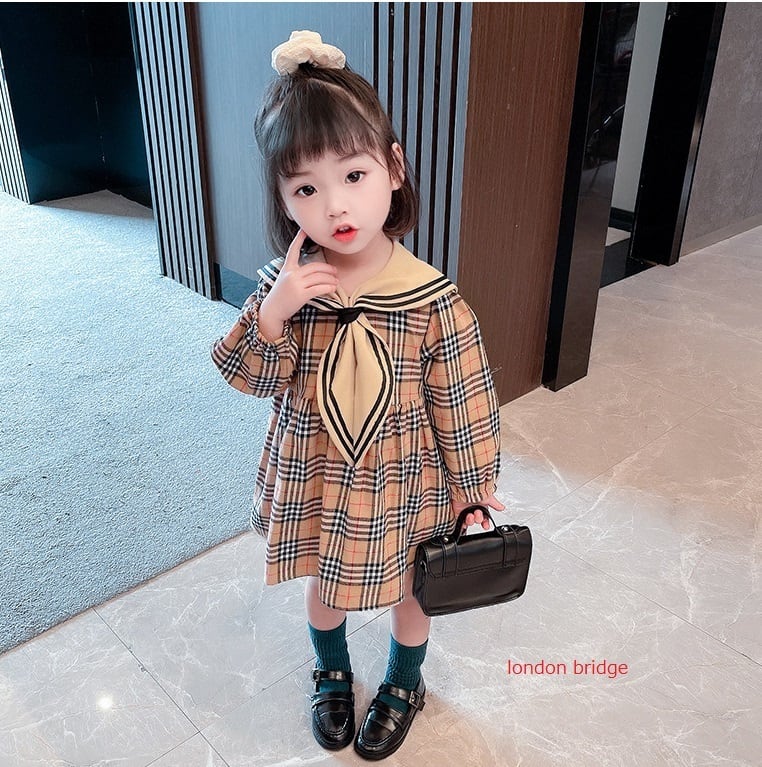 セーラーカラー おしゃれなチェック 長袖 ワンピース 80cm 90cm 100cm 110cm 1cm 130 子供服 子ども服 女の子 七五三 チェック ベージュ 入園式 卒園式服 発表会 結婚式 カジュアル キッズ プチプラ ジュニア おしゃれ 安い かわいい 韓国レディース キッズ