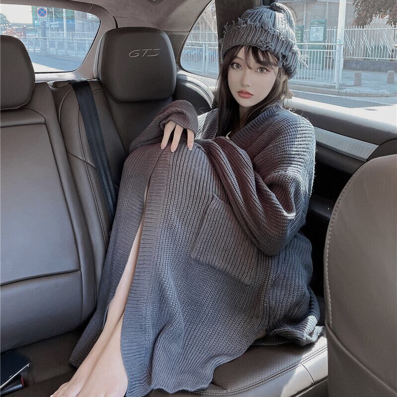 スタンダードルーズセーター カーディガンカジュアルジャケット ロング レトロ ガールズファッション9899500518