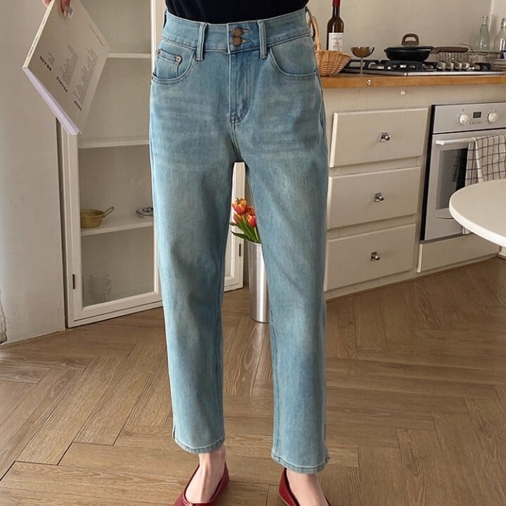 ダブルボタン クロップド丈 ストレート デニムパンツ L1106