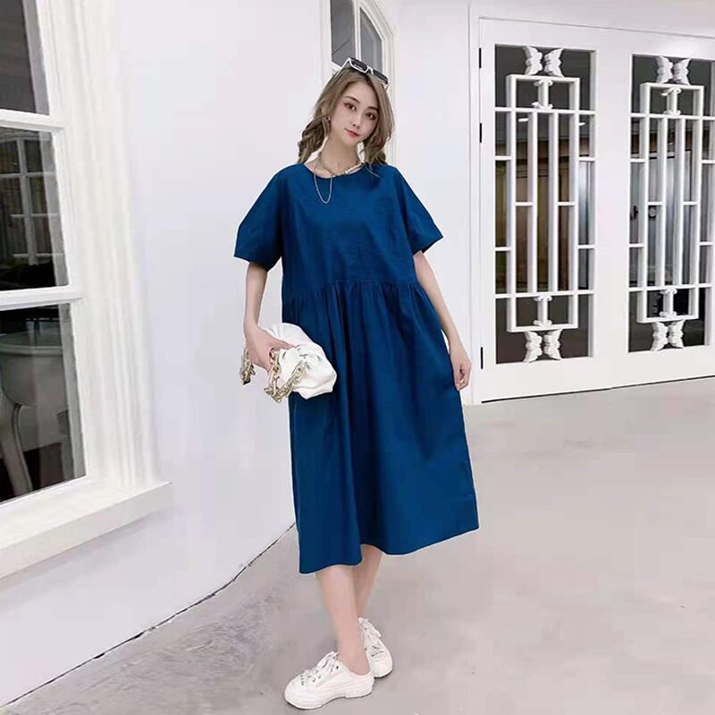 スカート サマーラウンドネックウェストドレス ルーズ 大きめサイズ 夏物 Oネック ミックスインファッション23661213979