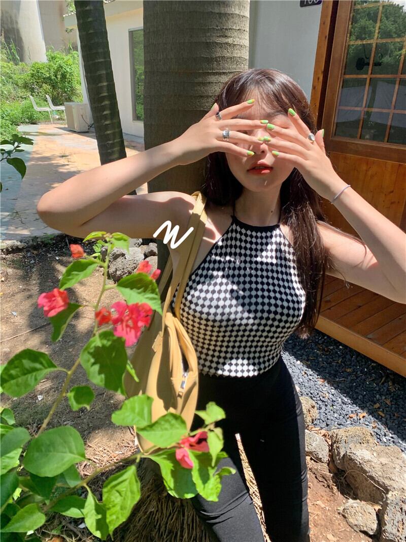 格子柄サマーショートホルタートップス 夏物 ピュア ブラックストロベリース84157931217