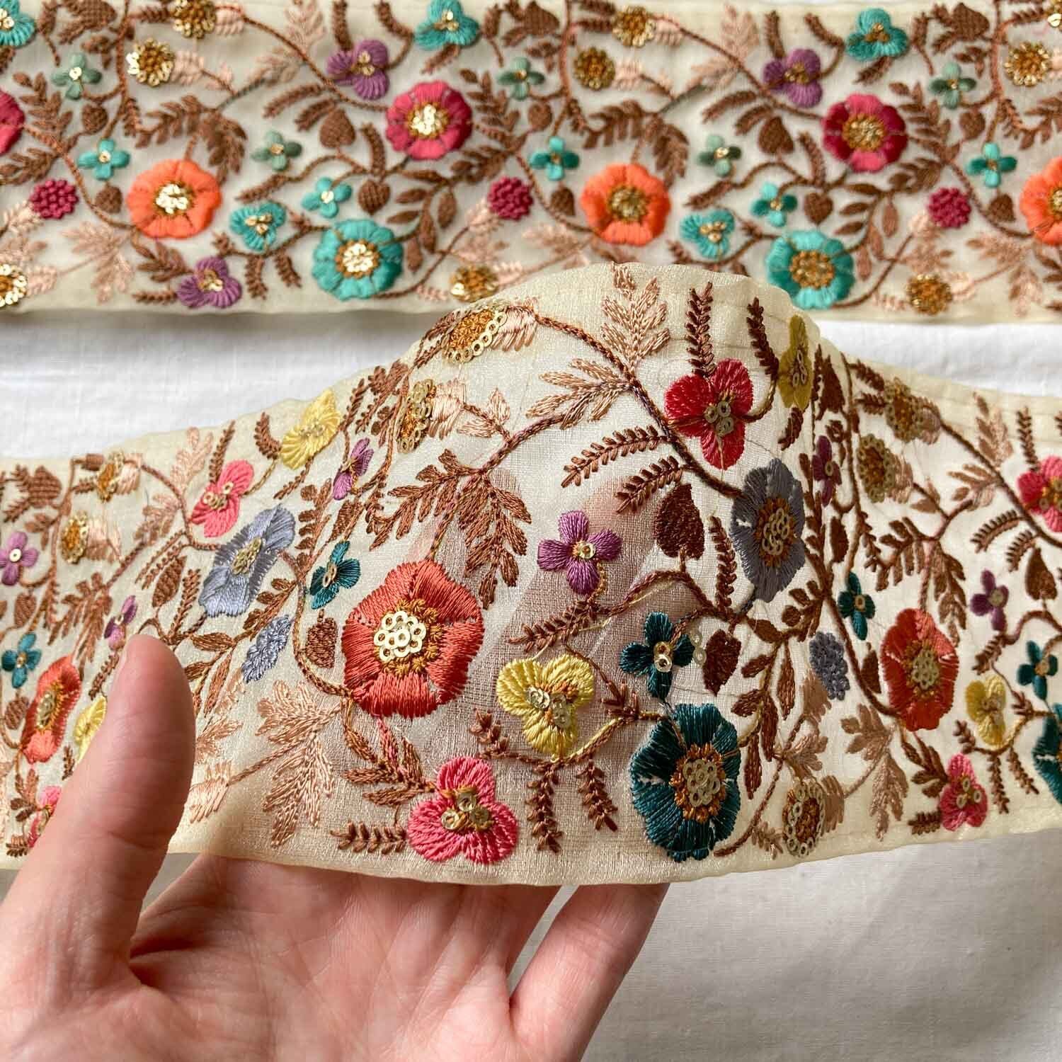 新色追加〉生成色オーガンジー幅広カラフルお花刺繍リボン（50cm