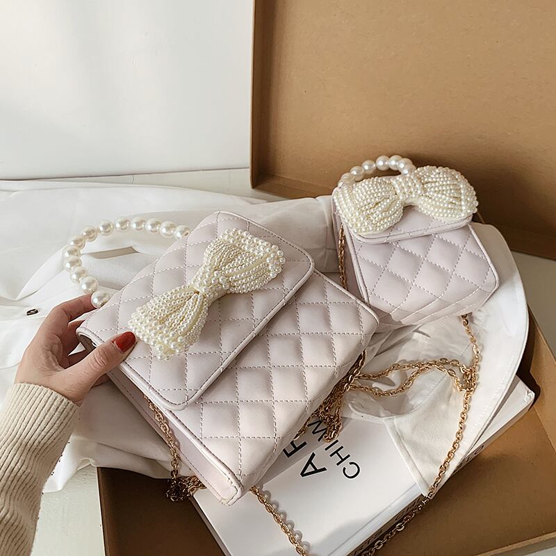 ミニチェーン レッドスタイルパール クロスボディ 真珠 スクウェア 手作りハンドバック19983225807