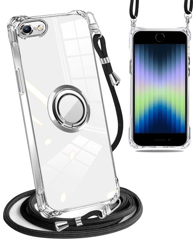 nahailun iPhone SE ケース第3世代 iPhone SE2 iPhone8 iPhone7 用 軽量 ケース リング付き ショルダー付き 耐衝撃ソフトクリア TPU カバー ベーシック シリーズ アイフォン SE2 8 7 用 スマホケース 首掛け 肩掛け 斜めがけ 付き 縦/横 2WAY 調節可能なショルダー 携帯ケース 4.7インチ (透明)