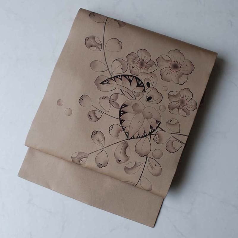 【なごや帯】胡桃染色 辻が花文 塩瀬なごや帯