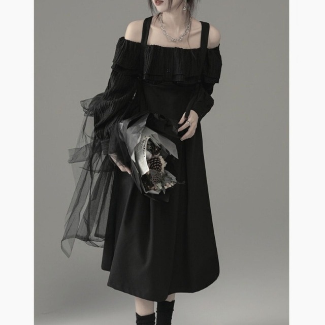 A-line midi length suspender flared skirt C0837