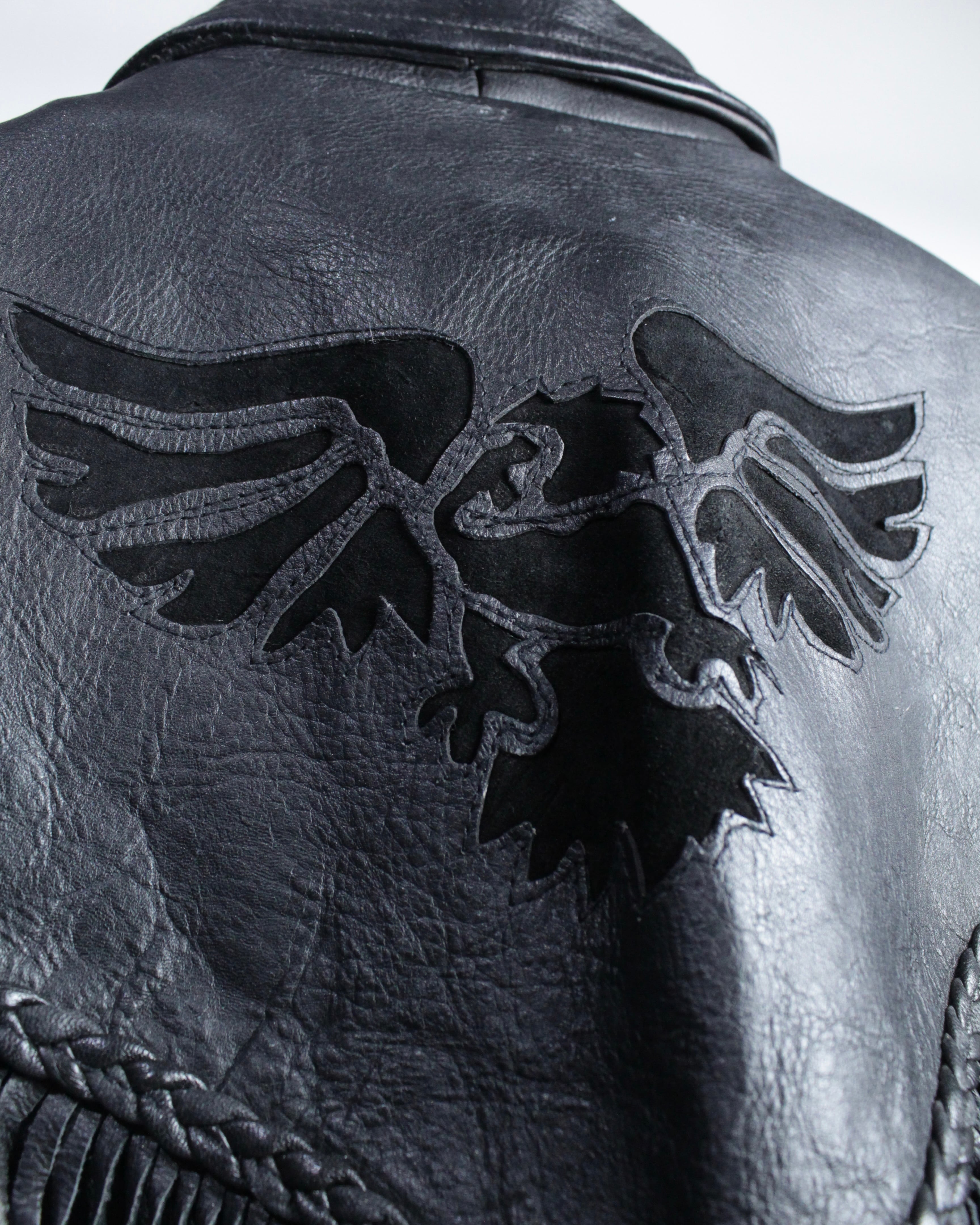 Caka BLACK】Special Fringe Vintage Zip Up Leather Jacket | Caka