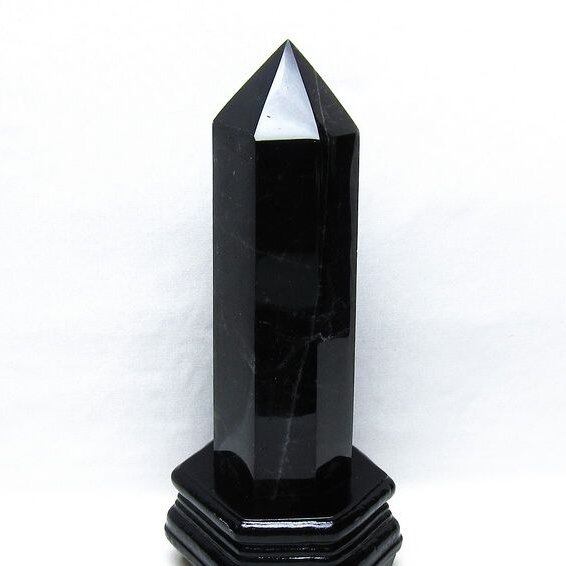 1.2Kg 黒水晶 六角柱 モリオン ポイント 置物 一点物 台座付属 152-4343