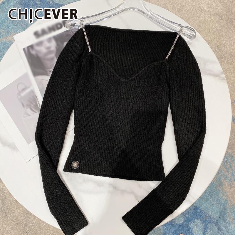 CHICEVERパッチワークパールスリング編みセーター女性スクエアカラー長袖スリム特大薄いプルオーバー2020 ロング 真珠 スクウェア 6base528453029654