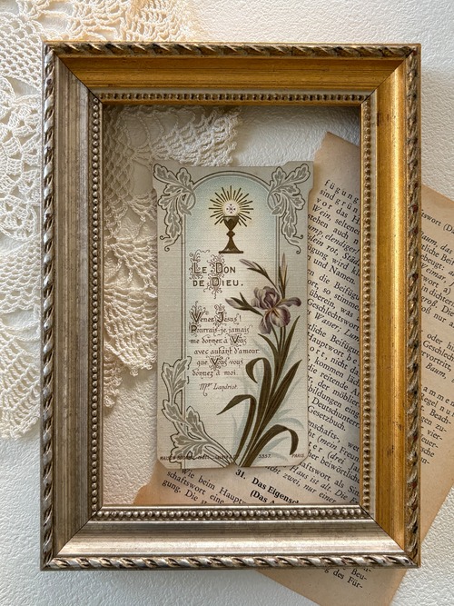 フランスアンティーク Holy Card ホーリーカード プルミエール コミュニオン アイリス 聖杯  1926年 額装 コレクション 撮影小物
