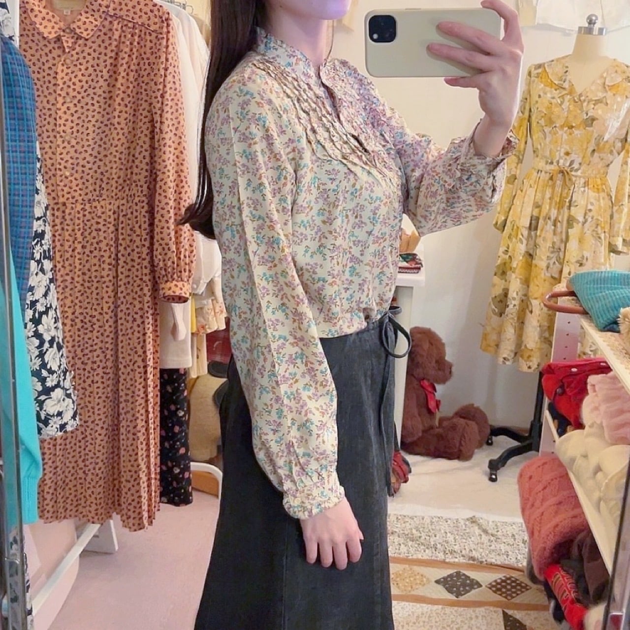 purple blue mini flower stand collar blouse