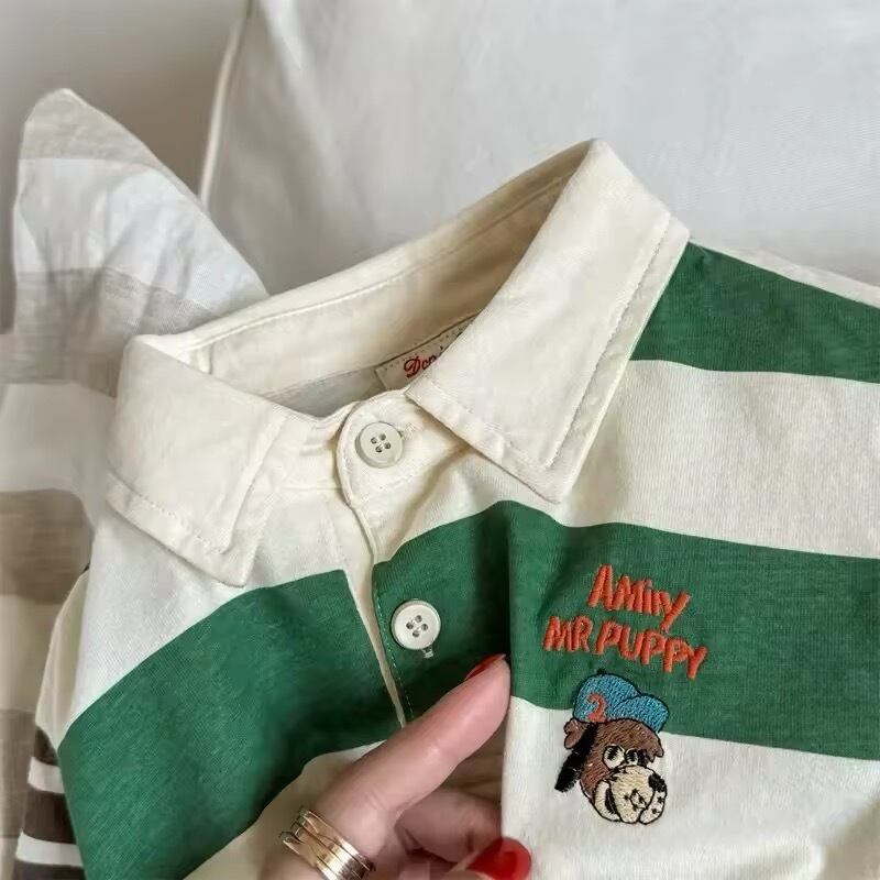 dog刺繍ボーダーポロシャツ