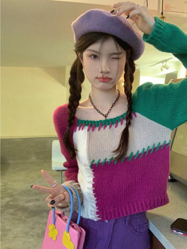 【新作】【送料無料】 カラーブロックスクエアネック長袖ニットセーター女性のための秋冬 2022 新しいレトロスリムフィットショートトップ 023937410715