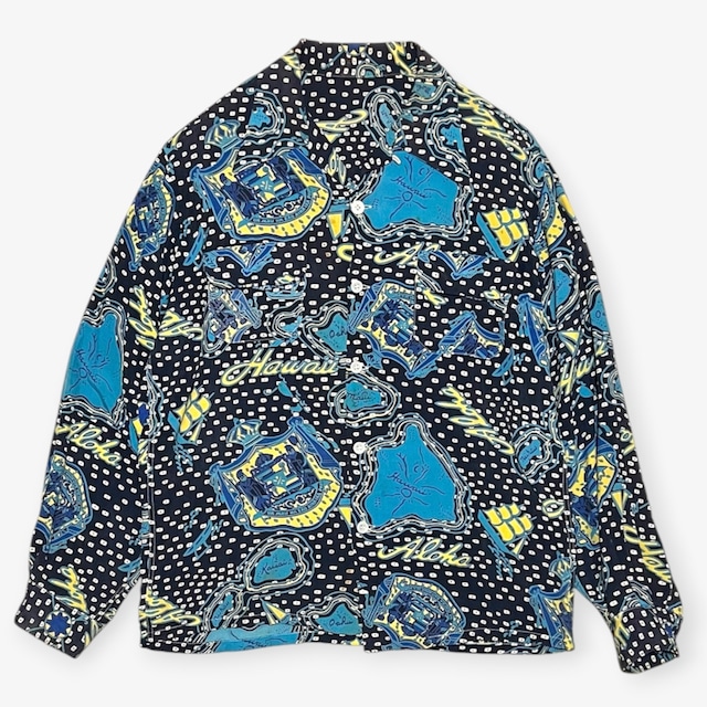 50s|Unknown|ハワイアンシャツ|John Meigs Coat of Arms Tapa オンブック 長袖 レーヨン ハワイ諸島 王国紋章 ネイビー ループカラー|B
