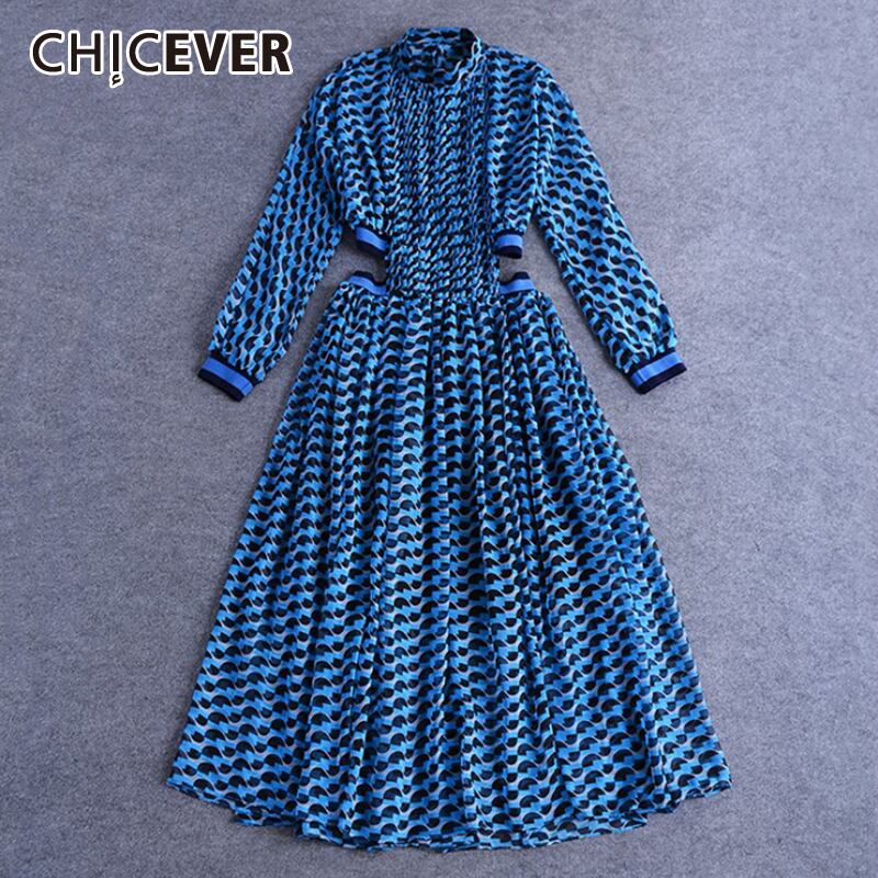 CHICEVERプリントドレス女性スタンドカラー長袖ウエストヒットカラーホローアウトミディドレス2021服 ロング 6base599280609460