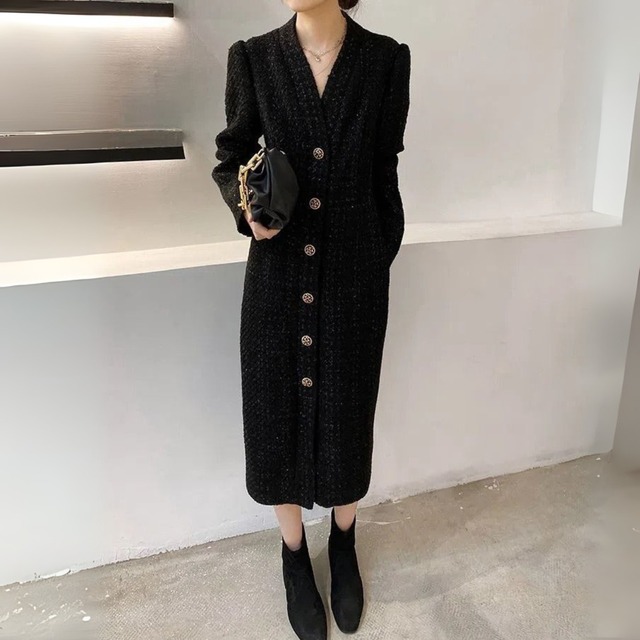 Single breast elegant tweed slim dress