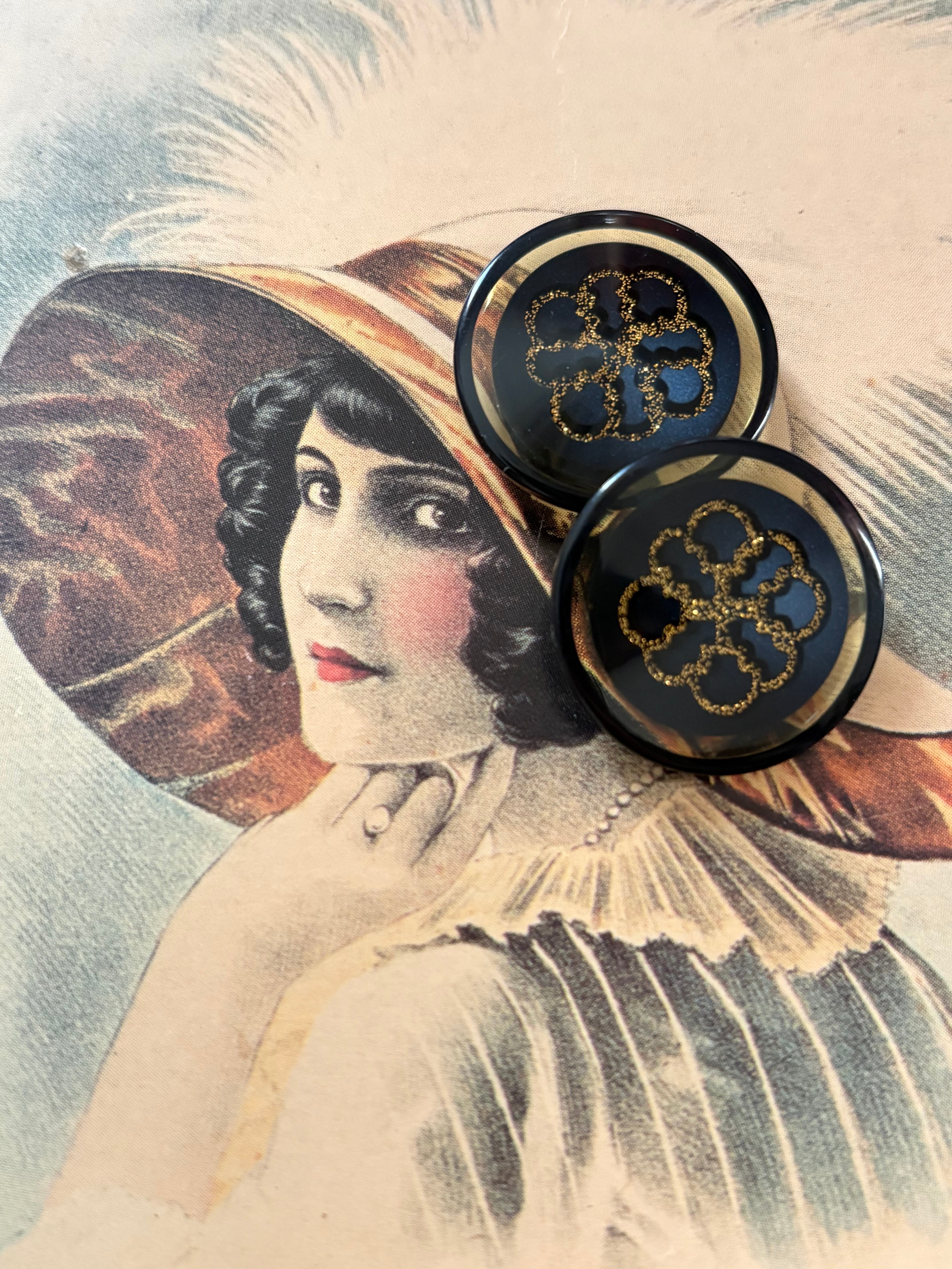 22mm Japanese ヴィンテージボタン ネイビー×ゴールド クリア グリッター 樹脂ボタン 昭和レトロ アクセサリーパーツ 装飾材 カルトナージュ