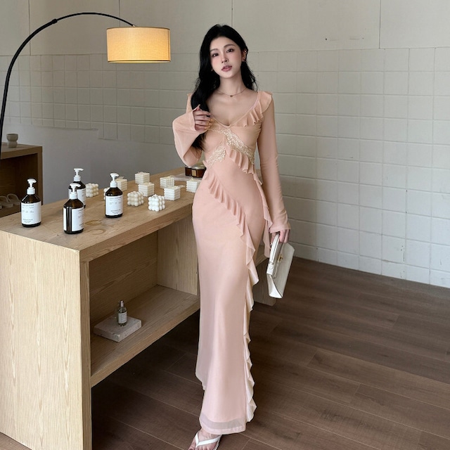 ロングワンピース レース エレガント おしゃれ 長袖 ペプラム M L