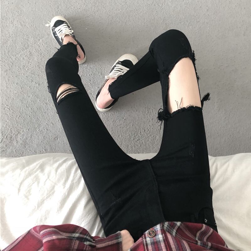 2020年ファッションの新しいオールマッチバージョンのブラックフィートパンツストレッチホール破れたエッジオールマッチシンジーンズ女性トレンド YY-ファッション43850302572