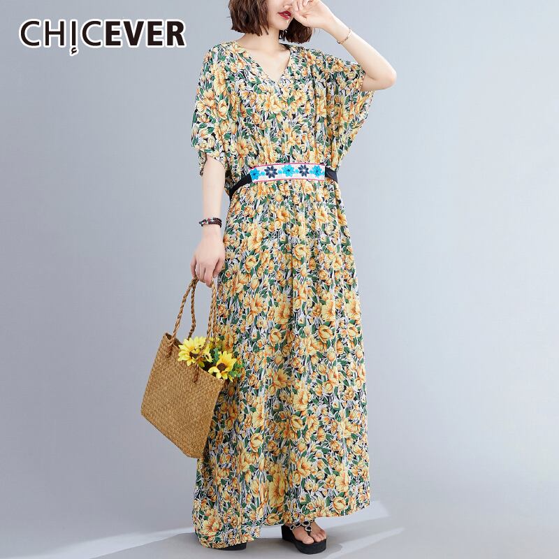 CHICEVERパッチワークプリントドレス女性Vネックバットウィングスリーブウエストレースアップ刺繡ドレス夏 刺繍 サマー 夏物 6base51067391425