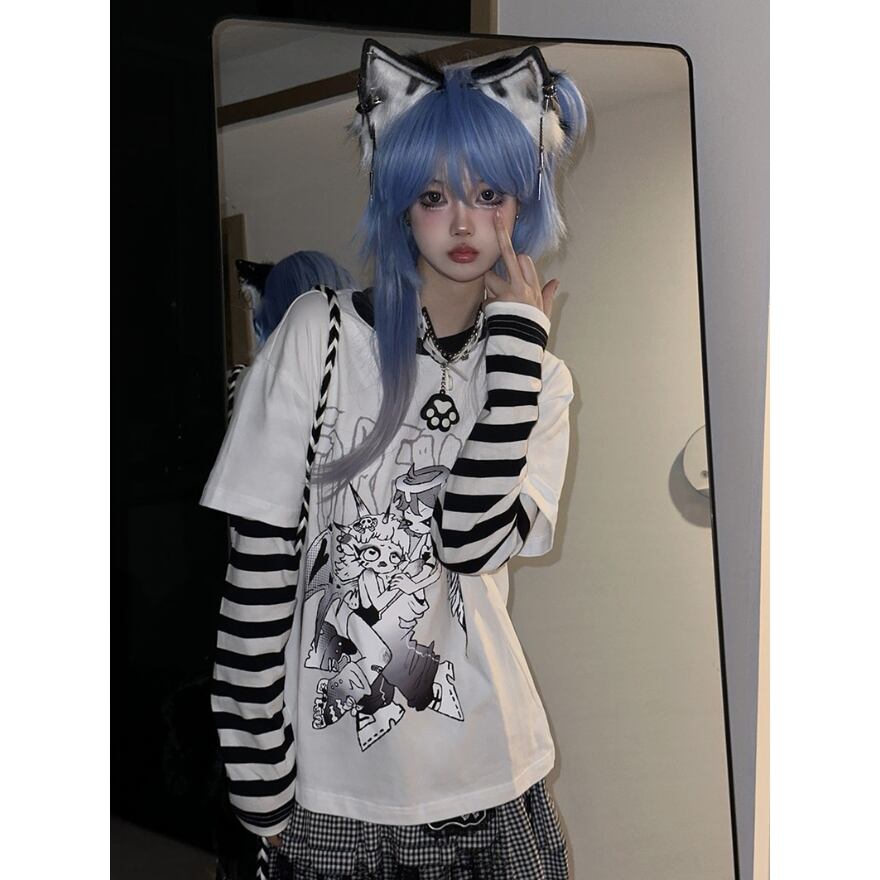 Tシャツ フェイクツーピース ボーダー袖 イラスト プリント闇かわいい