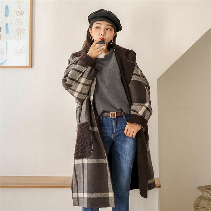 秋冬 毛皮 カラーブロック チェック柄 レトロ コート チェスターコート カレッジ風 大きいサイズ