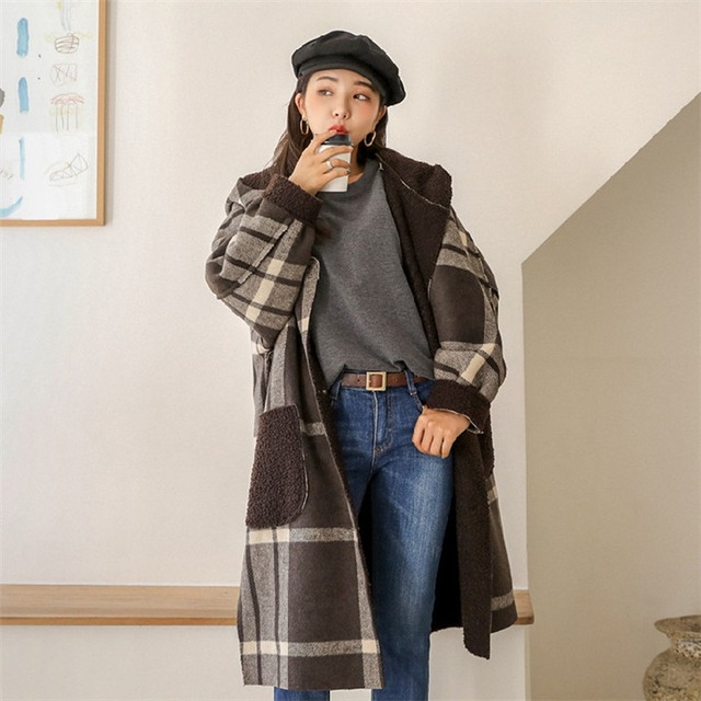 秋冬 毛皮 カラーブロック チェック柄 レトロ コート チェスターコート カレッジ風 大きいサイズ