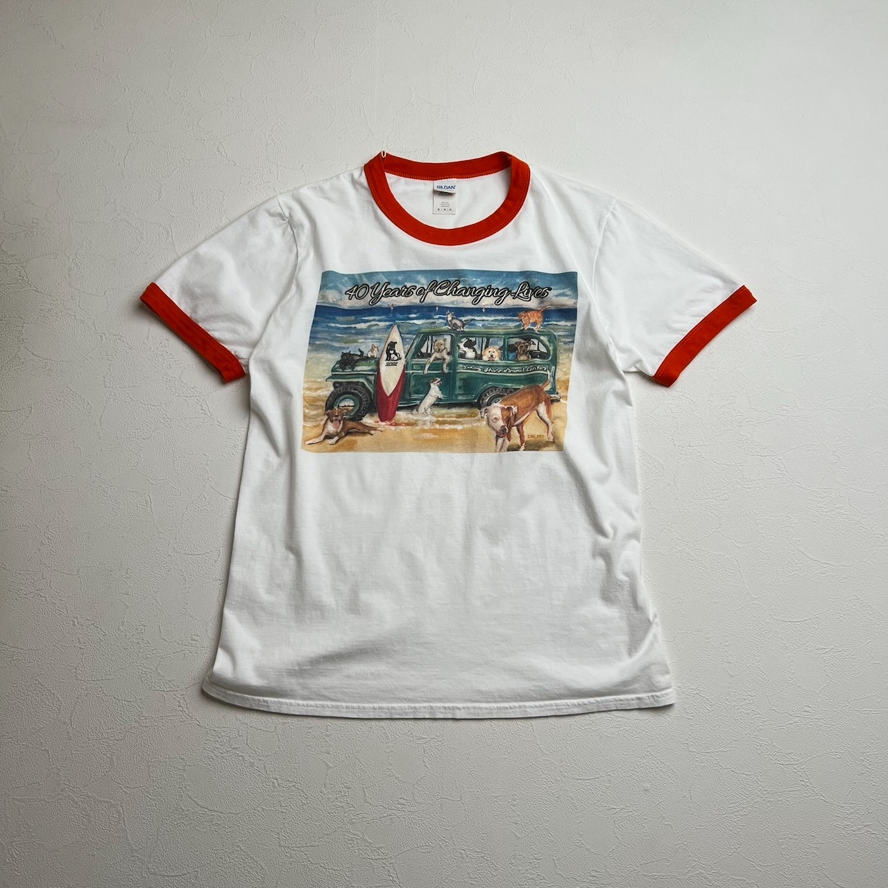 リンガーT アニマル 犬 猫 Tシャツ ホワイト オレンジ M 古着